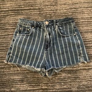 Topshop moto pinstripe raw hem cotton mom shorts